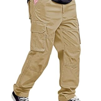 Spense Clothing Men's Cargo Pants with Multiple Pockets, Khaki, Casual Cotton Trousers